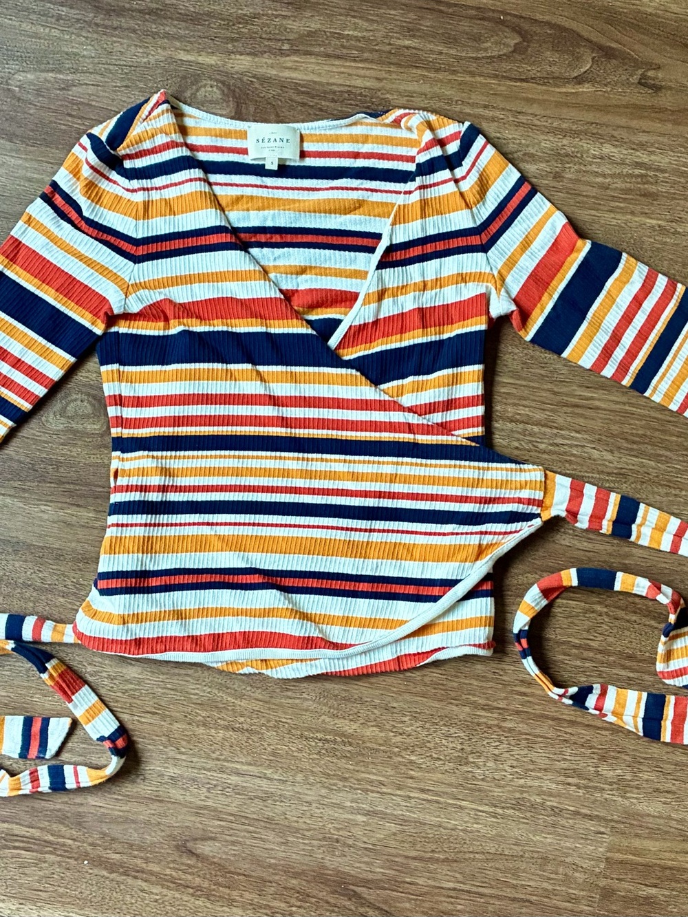 Sezane Multicolor Striped Wrap Top in Navy, Orange & Cream